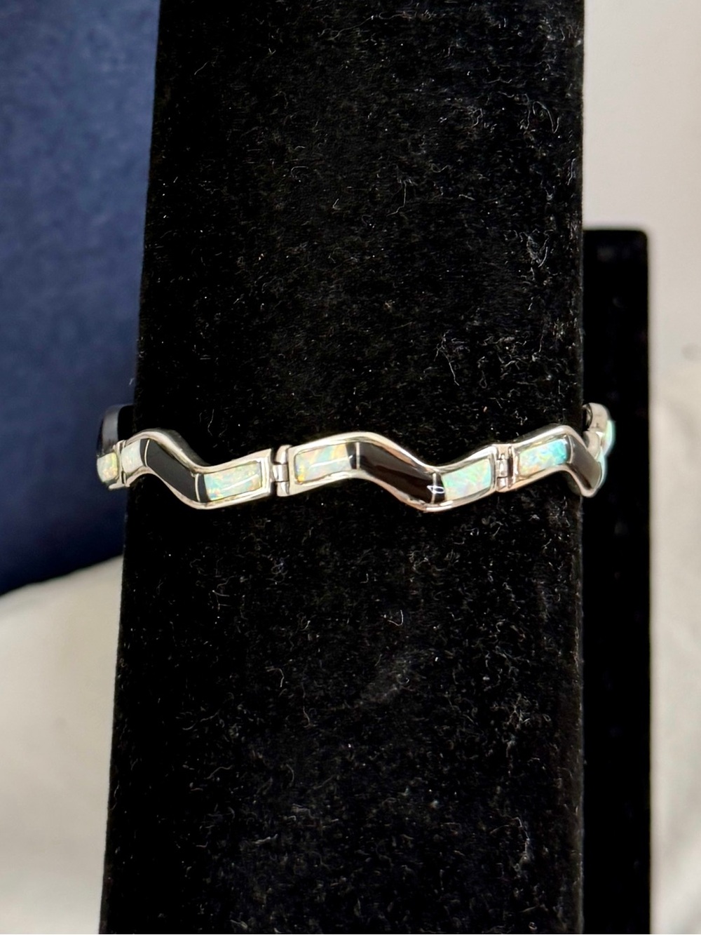 CALVIN BEGAY Navajo Sterling Silver Black Onyx Opal Inlay Curvy Bracelet; 7”